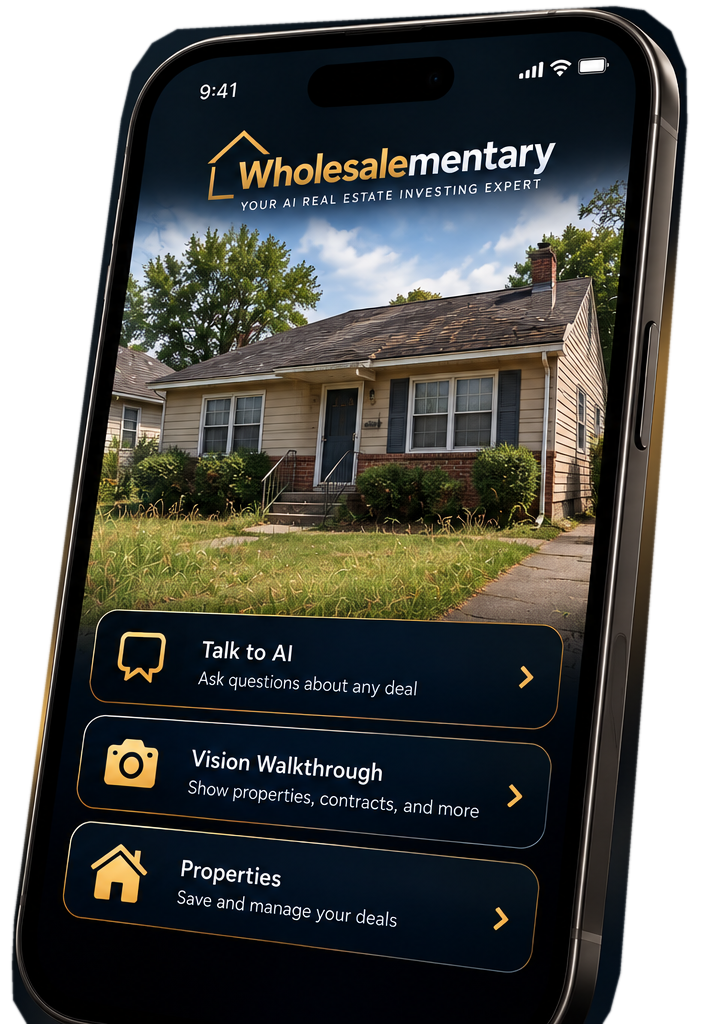 Premium Wholesalementary phone mockup: a modest house needing light improvements, Talk to AI, Vision Walkthrough, and Properties